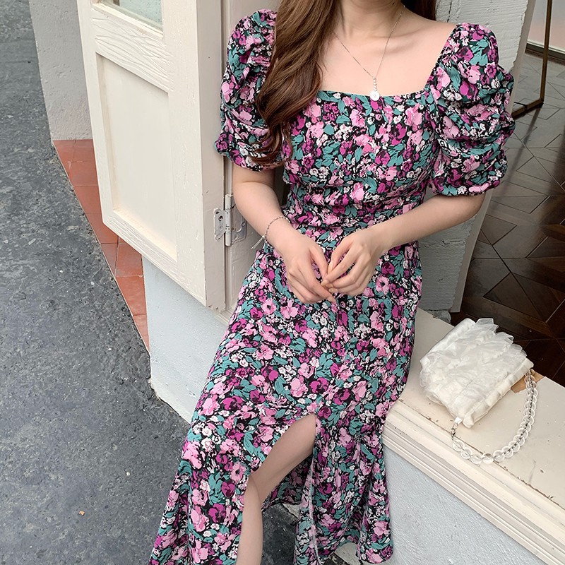 SUXI Đầm Nữ Ngắn Tay Cổ Vuông Họa Tiết Hoa Thời Trang