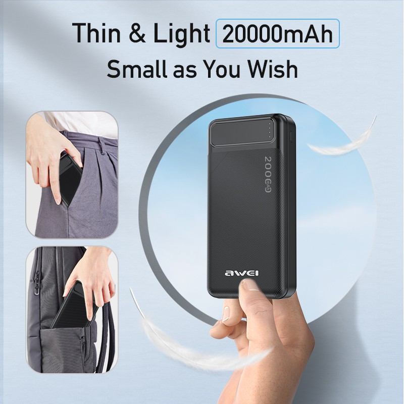 Pin sạc dự phòng Awei P6K hai cổng đầu vào Type C/Micro USB dung lượng 20000mAh