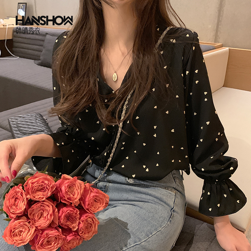 Áo sơ mi có tay dài dáng rộng cổ chữ v in họa tiết độc đáo phong cách retro hàn quốc