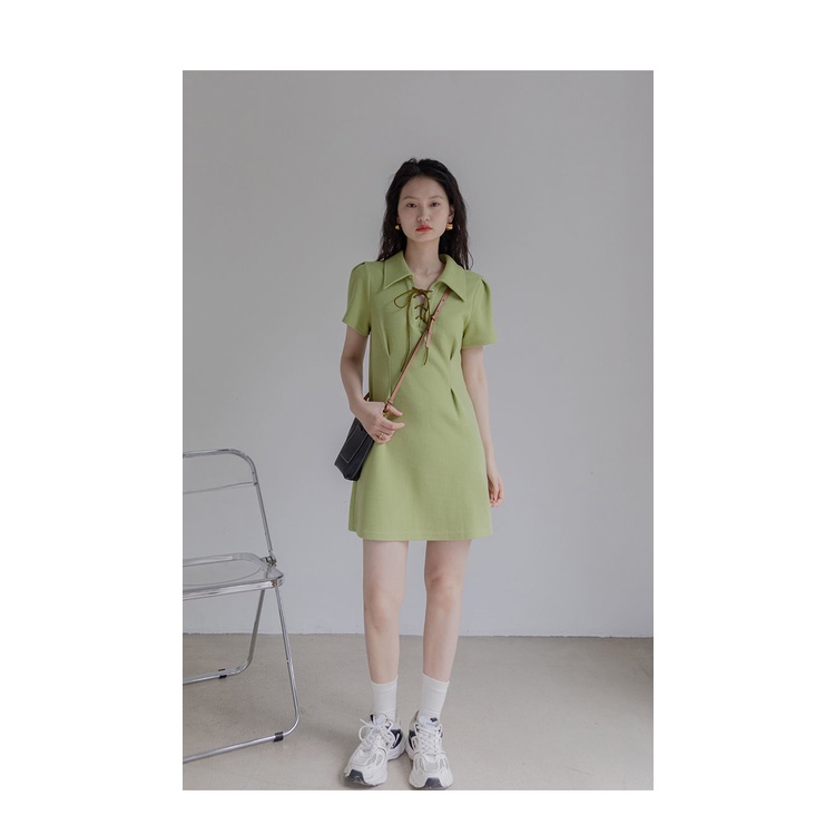 Đầm Cổ polo Dáng Chữ a Cột Dây Eo Màu Xanh Lá Thời Trang Mùa Hè Xinh Xắn Cho Nữ