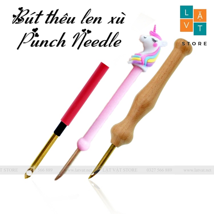 Bút gỗ thêu len xù, punch needle tools và bút đỏ đơn giản làm thêu nổi từ sợi len