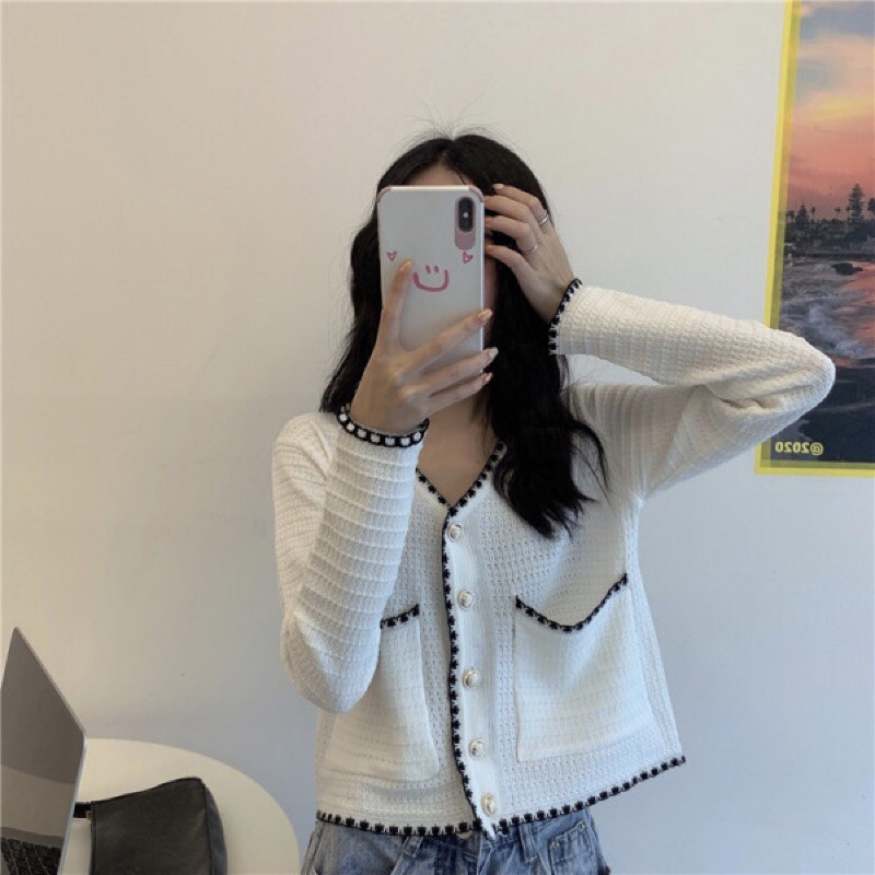 Áo cardigan dài tay cổ V crotop sơ mi dệt kim phối cúc cao cấp