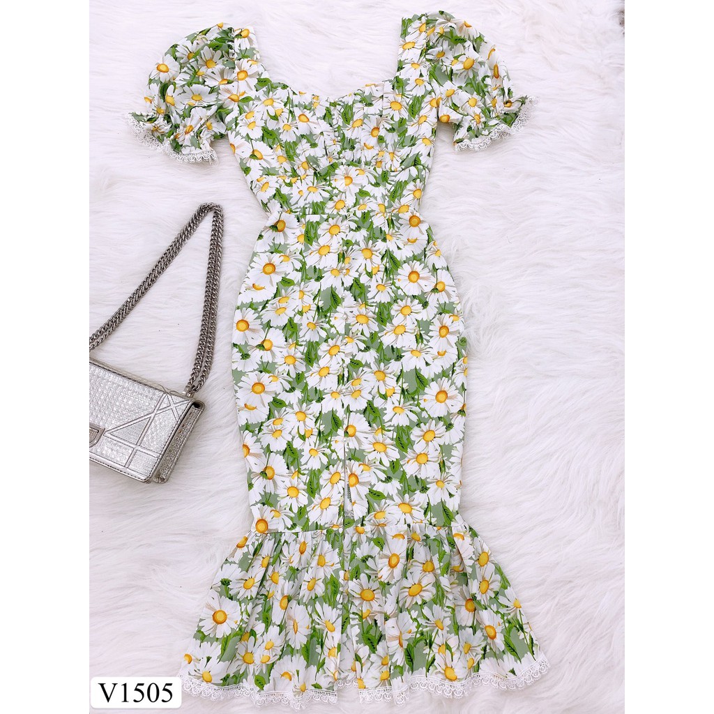 Váy xanh hoa cúc trắng đuôi cá V1505 (Kèm ảnh thật do shop tự chụp) | BigBuy360 - bigbuy360.vn