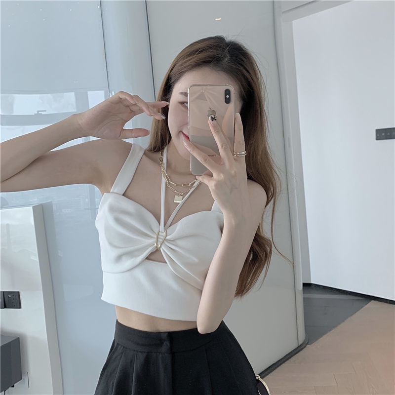 Jiashucheng Áo Sát Nách Ngắn Cổ Yếm Khoét Rỗng Cảm Giác Thiết Kế Ngọt Ngào Thời Trang Mùa Hè
