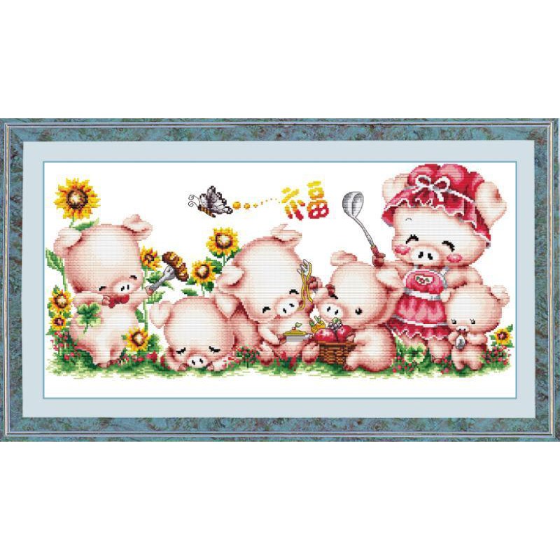 Tranh Thêu Chữ Thập gia Đình Heo K212 (KHÁCH TỰ THÊU) KT:76X41CM