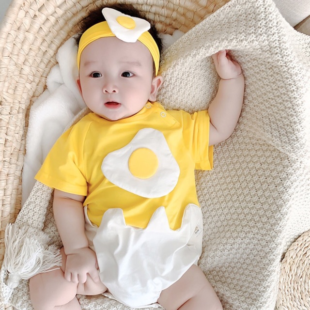 Bộ Đồ Liền Thân Dài Tay In Hình Quả Trứng+Băng Đô Cho Bé