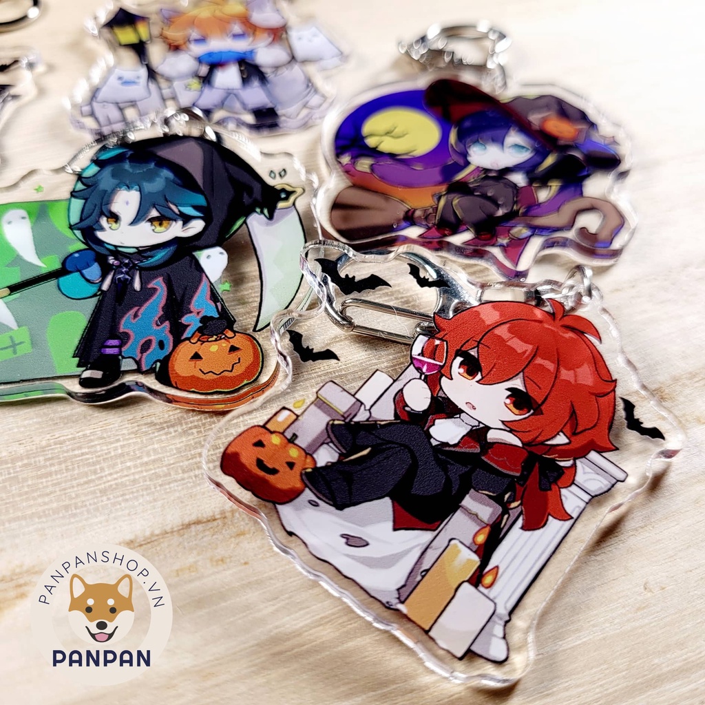 Móc khóa Anime Genshin Impact Halloween (6cm) Hutao, Mona, Childe. Xiao, Diluc, Qiqi