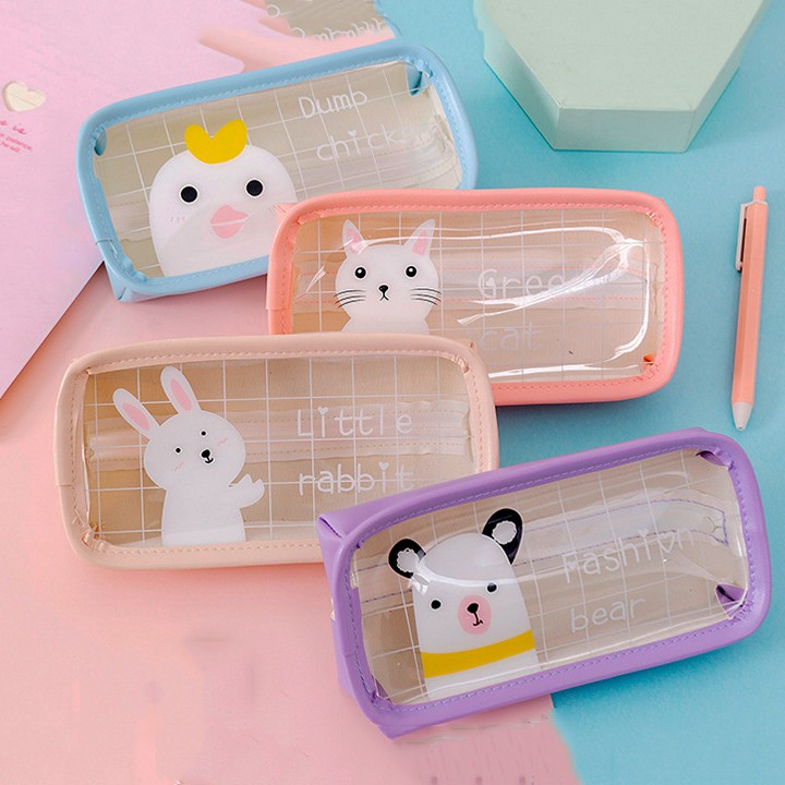 HCM - Hộp bút mặt nhựa trong caro cute Thỏ Mèo Gấu Gà chữ Anh