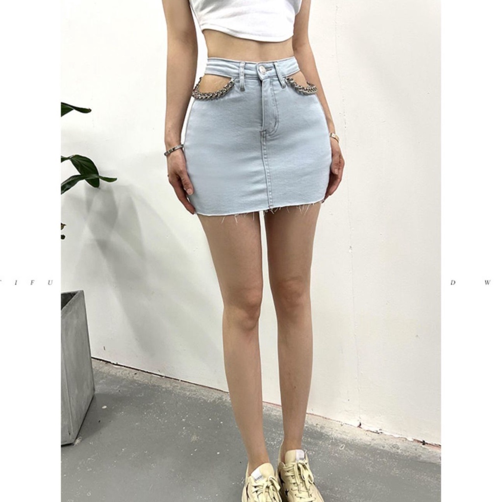 Jiashucheng Chân Váy Denim Chữ a Hở Vai Phối Dây Xích Thời Trang Mùa Hè Quyến Rũ Dành Cho Nữ