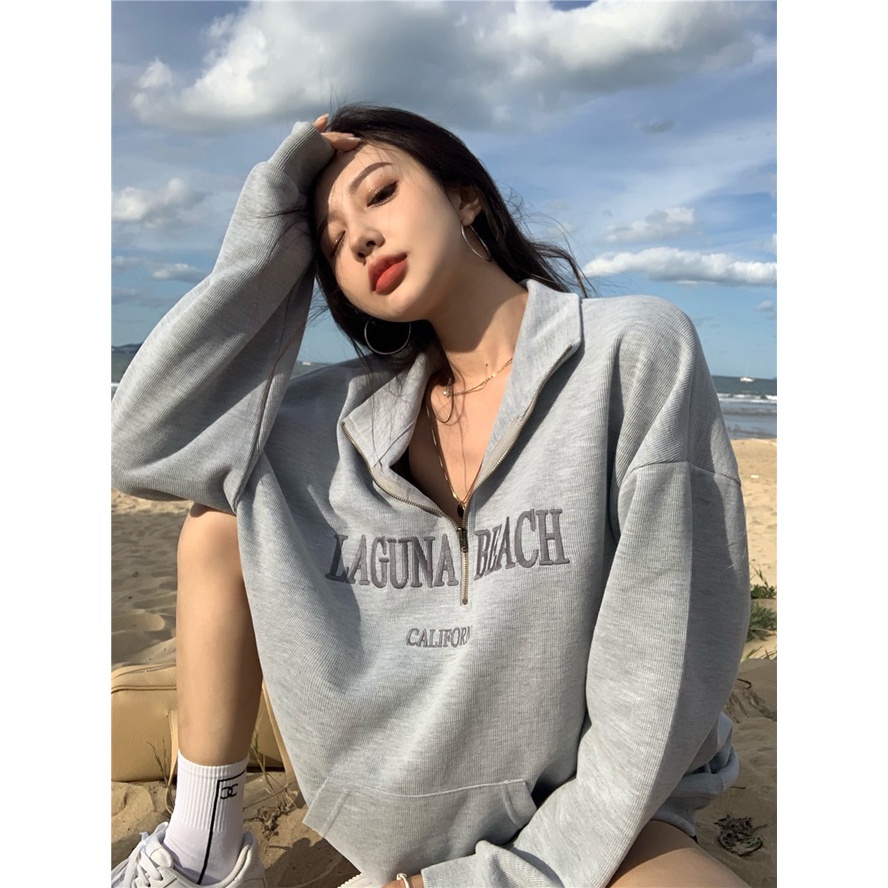 QKOOLE  Áo Sweater Nữ Khóa Kéo Thời Trang Hàn Quốc