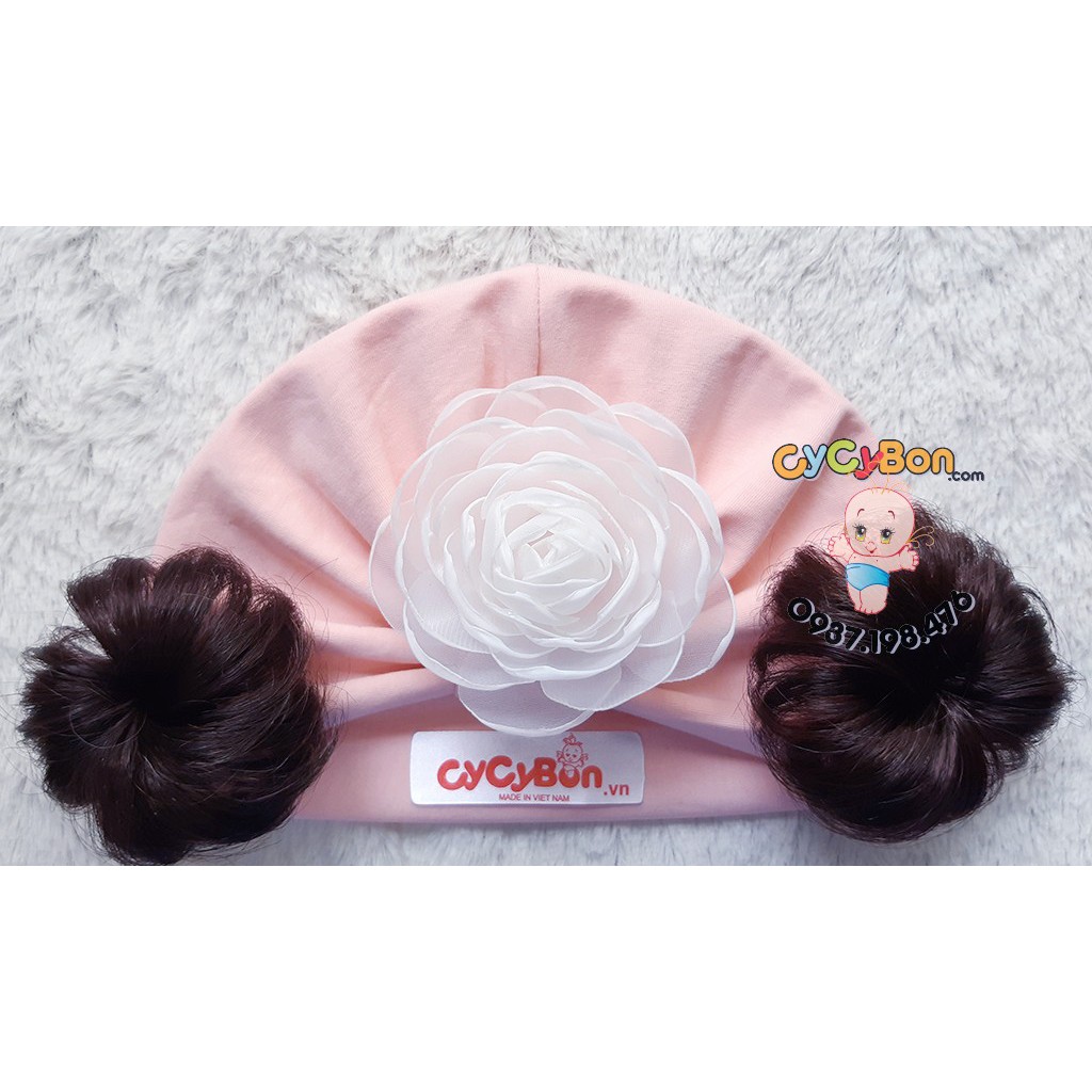 Mũ Nón Turban Tóc Giả Cho Bé Gái Màu Hồng Da Đính Bông Hồng Chất Vải Cotton Co Giãn,Có Size Cho Bé Từ Sơ Sinh Cực Xinh !