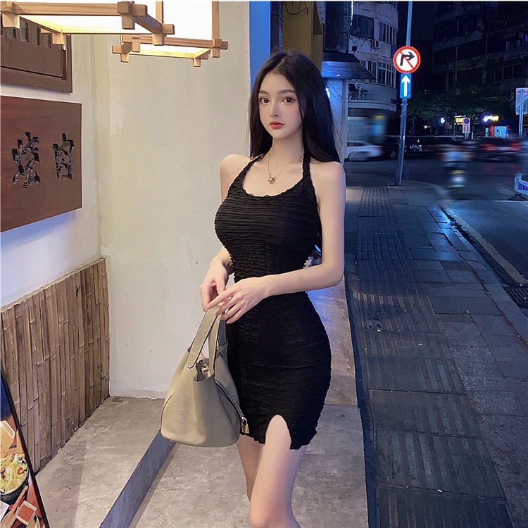 Đầm hai dây ZHELIHANGFEI dáng ngắn dáng ôm kiểu Pháp hở vai màu trơn thời trang cho nữ