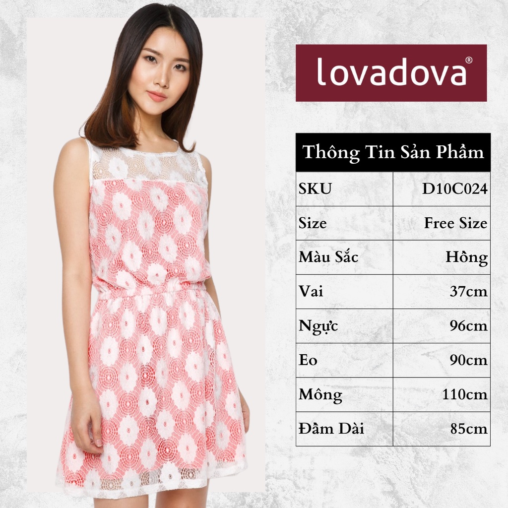 Đầm Dáng Suông, Sát Nách, Cách Điệu Nhún Eo, Họa Tiết Hoa, Ren, Màu Hồng - Lovadova D10C024-Ren