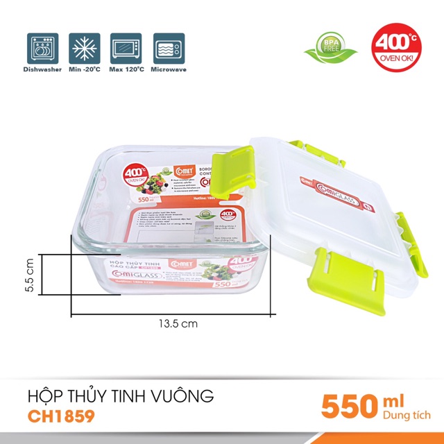 [Mã LIFECOMET05 giảm 10% tối đa 50K đơn 100K] Hôp đựng thực phẩm thuỷ tinh 550ml Comet CH18-59 (hộp vuông)