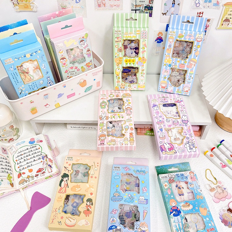 Set 50 Miếng Dán Trong Suốt Họa Tiết Hoạt Hình Sáng Tạo Trang Trí Hộp Quà