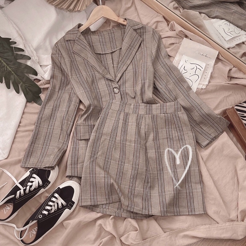 SET ÁO BLAZER KẺ SỌC + CHÂN VÁY CHỮ A [kèm ảnh thật]