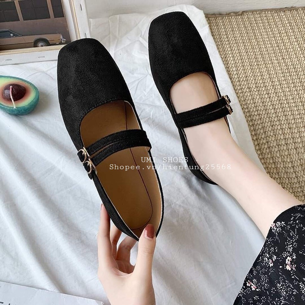 [NOWSHIP HN] Giày búp bê nữ đế bệt nubuck mềm màu đen quai chéo ôm êm mẫu mới hot nhẹ nhàng đi học đi làm văn phòng xinh