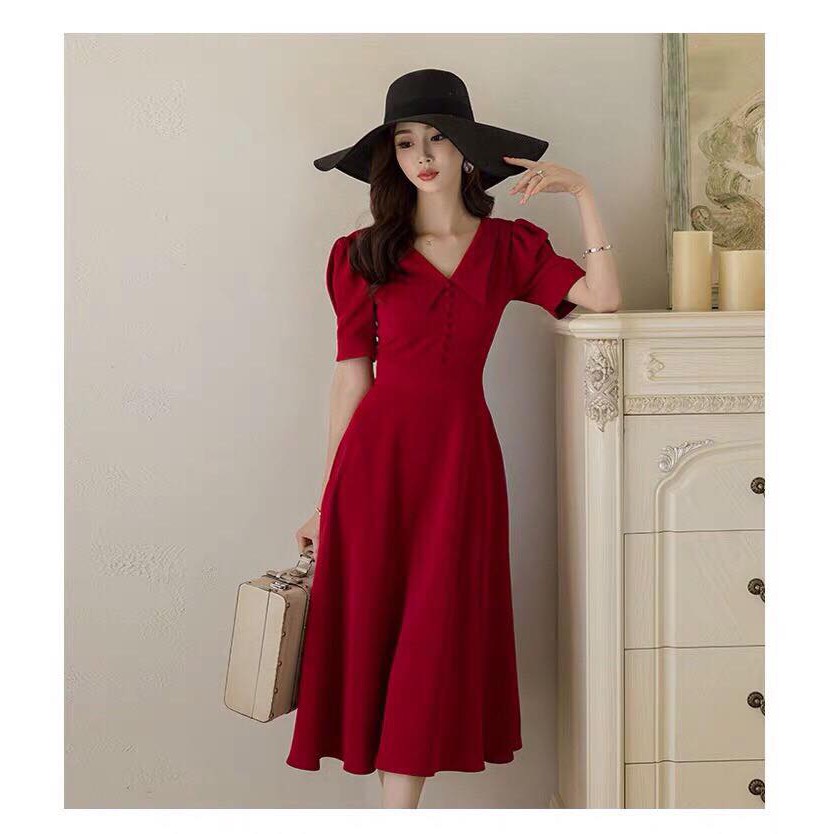 Đầm xoè nút bọc cổ peter pan