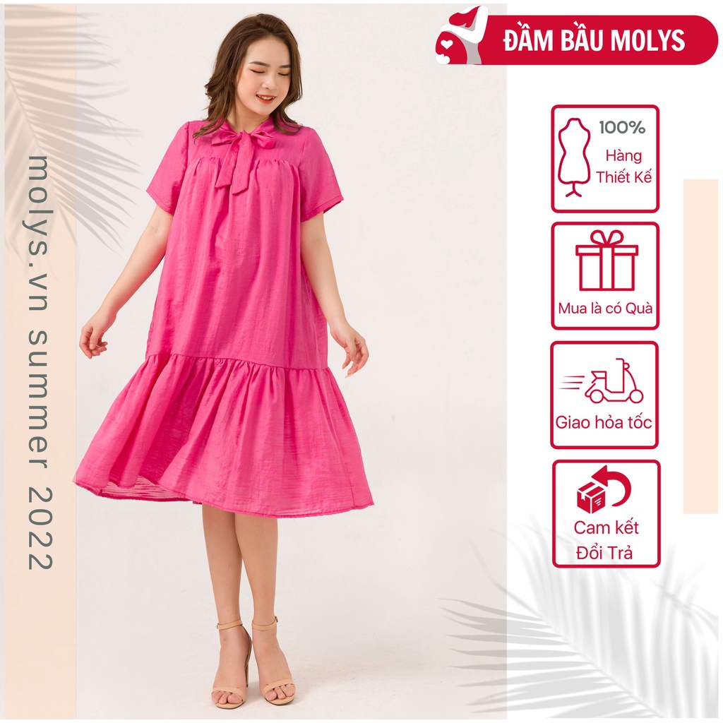 Đầm bầu MOLYS M2461 suông đuôi cá cổ buộc nơ voan đũi ánh nhũ đủ size đến hết thai kỳ