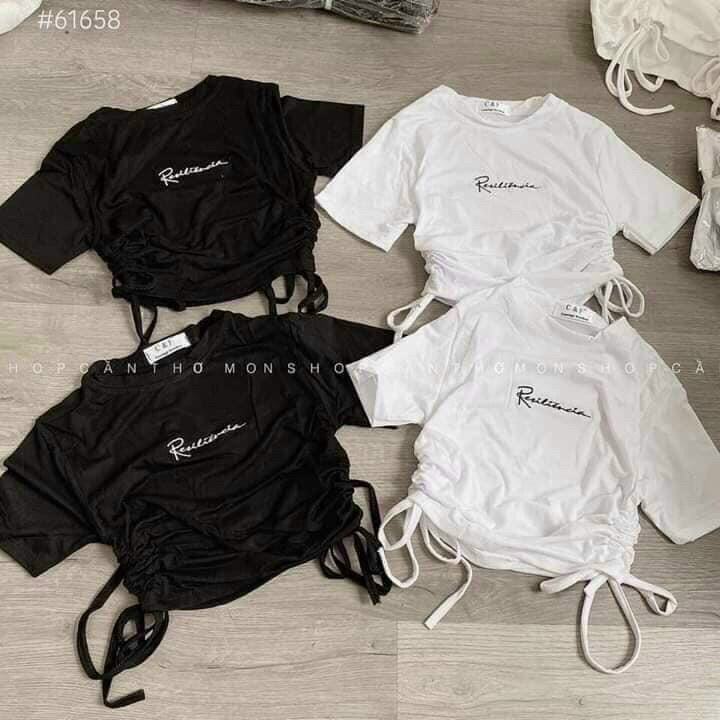 áo croptop thun lụa thêu chữ rút dây 2 bên rusiaa