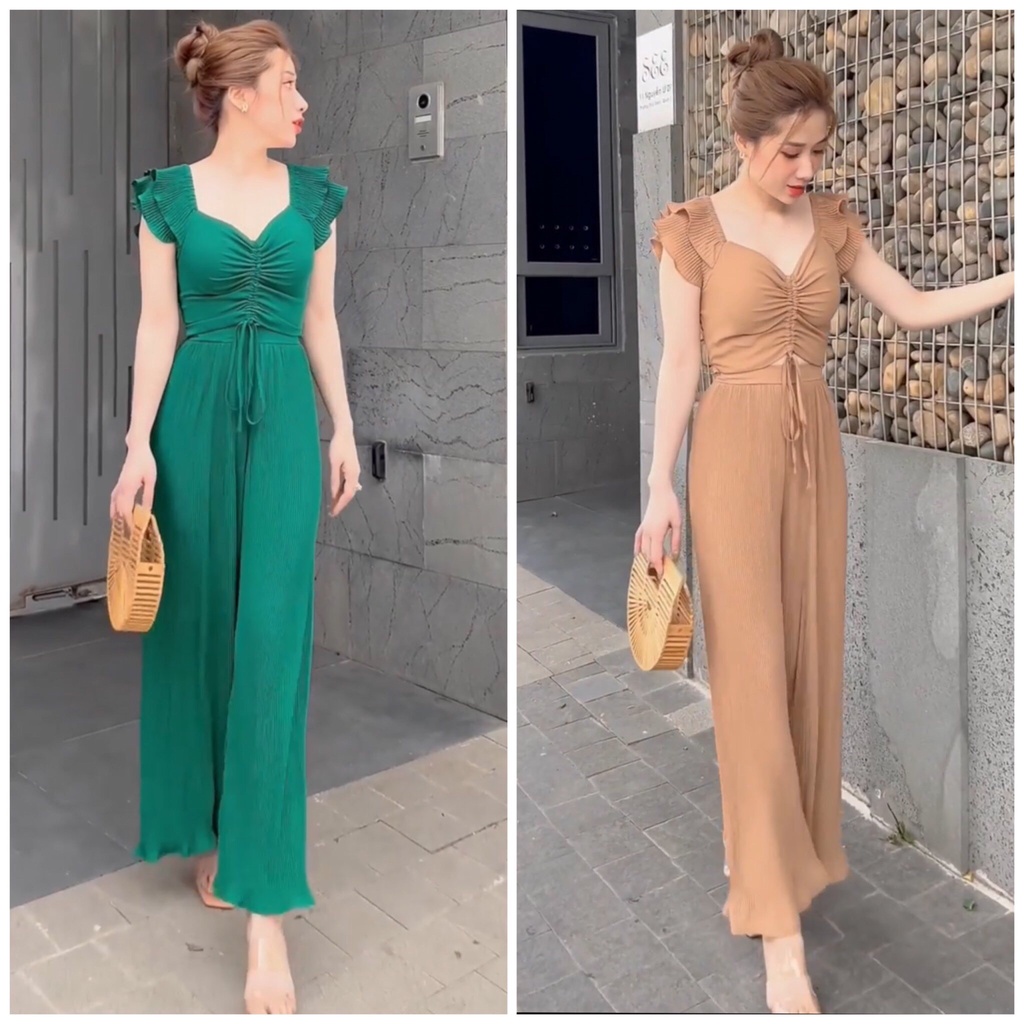 Set bộ nữ đẹp chất lụa, áo tay bèo rút eo phối cùng quần cạp cao ống rộng