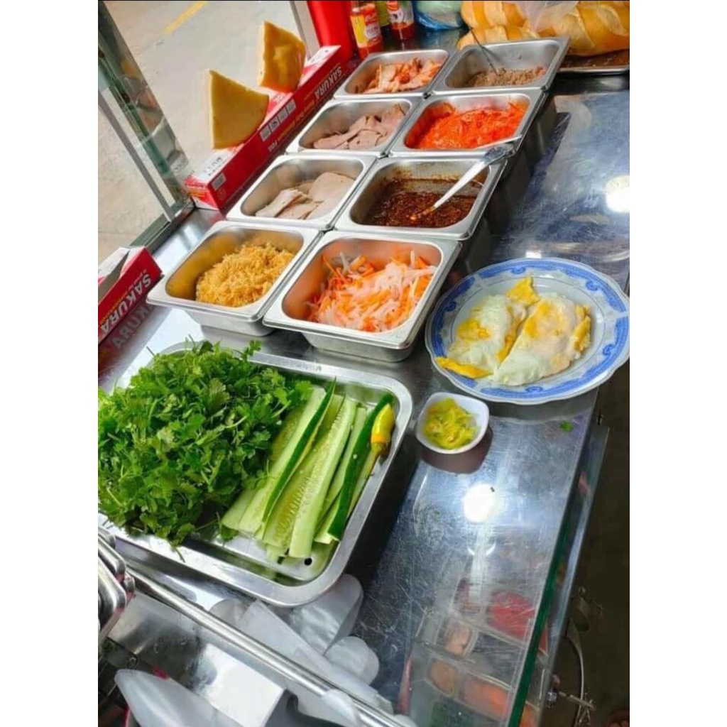 Khay inox đựng topping 1/6, sâu 6.5cm dùng đựng thạch, trân châu, topping cháo, bánh mì