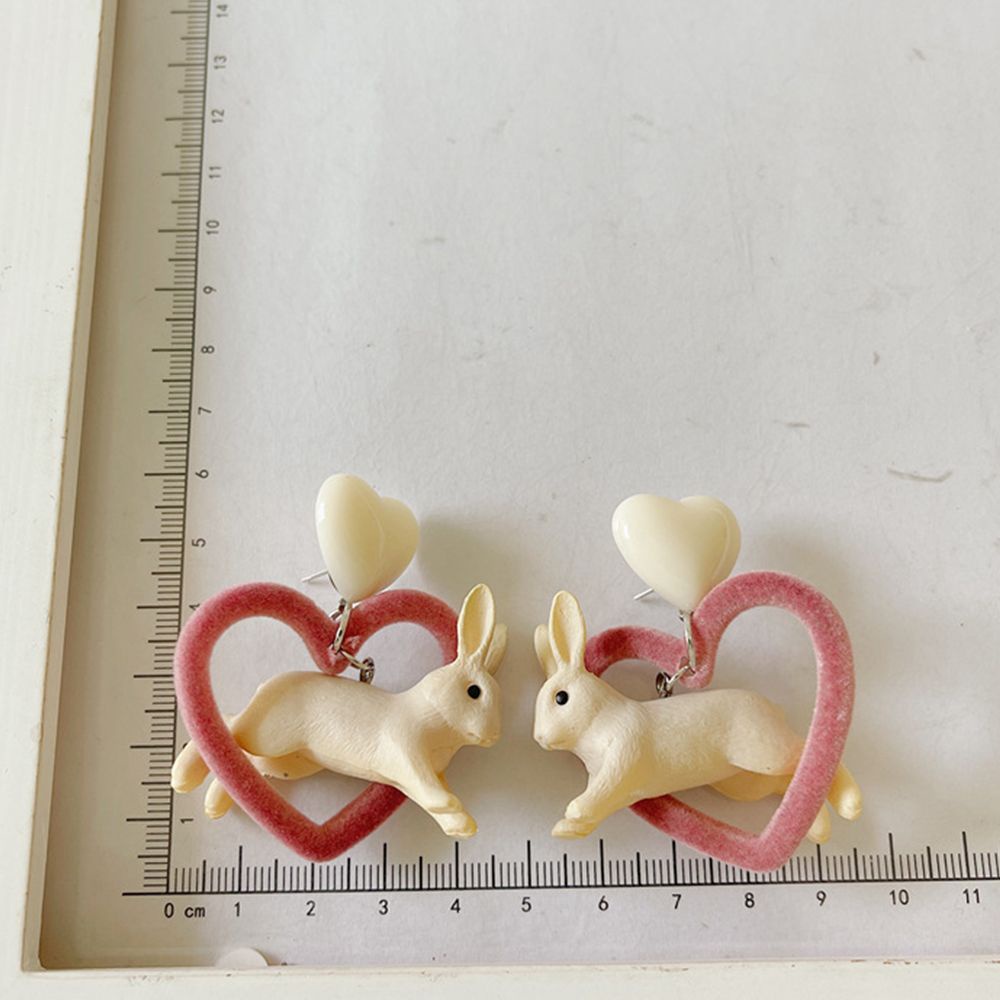 Khuyên tai ba chiều bằng nhựa resin hình thỏ trắng trái tim thời trang Harajuku Hàn Quốc cho nữ