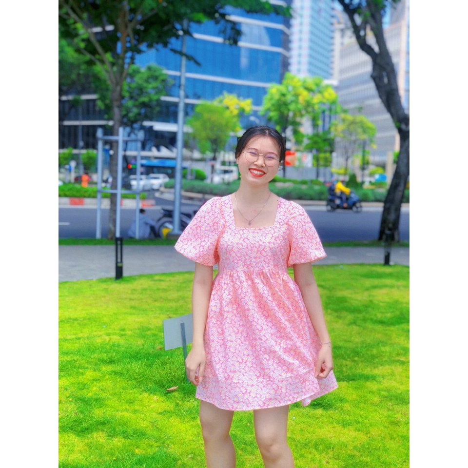 Váy babydoll hồng Mimoseclothing hoa mặt trời phong cách Hàn Quốc Đầm hoa nhí xoè bồng bềnh dễ thương babydoll freesize