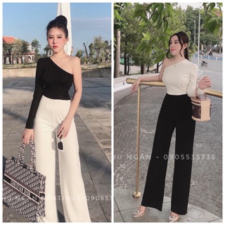Set áo lệch vai đen, phối quần loe