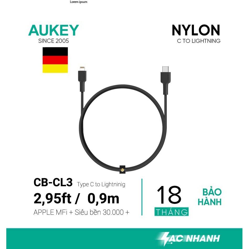 Hàng chính hãng - Cáp sạc nhanh Iphone hiệu AUKEY MFI chuẩn PD cổng TypeC to Lightning, CB-CL3, 0,9m (đen)