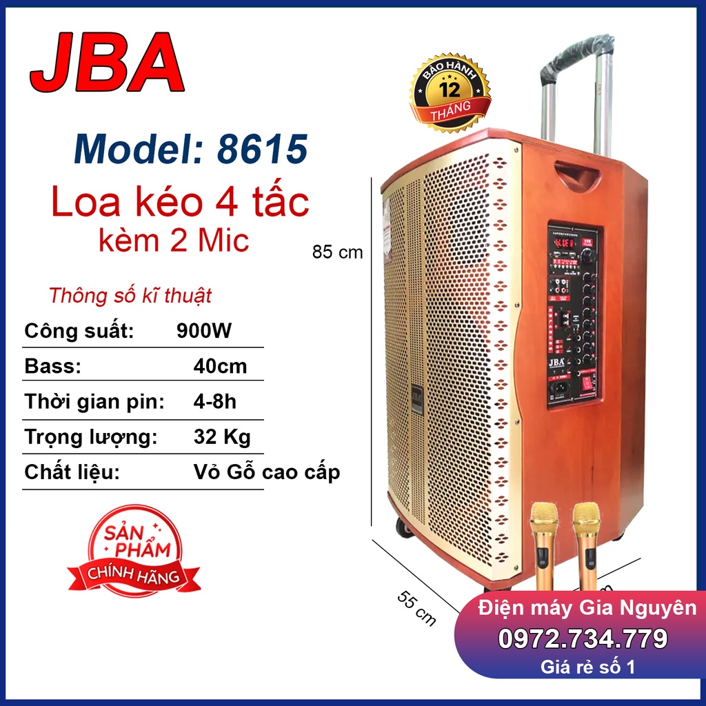 Loa kéo JBA 8615, Công suất 900W, Bass 40cm, âm thanh chất lượng kèm 2 tay micro UHF