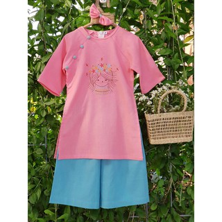Áo Dài Trẻ Em Linen Hồng Thêu Phối Xanh Nhạt