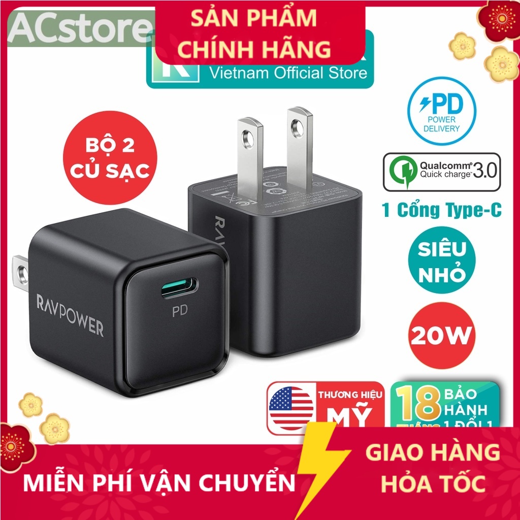 [ KHÔNG HỘP ] Củ Sạc Nhanh 20W Siêu Nhỏ RAVPower RP-PC150 Type C PD 3.0 Sạc Nhanh , , Android - Hàng Chính Hãng