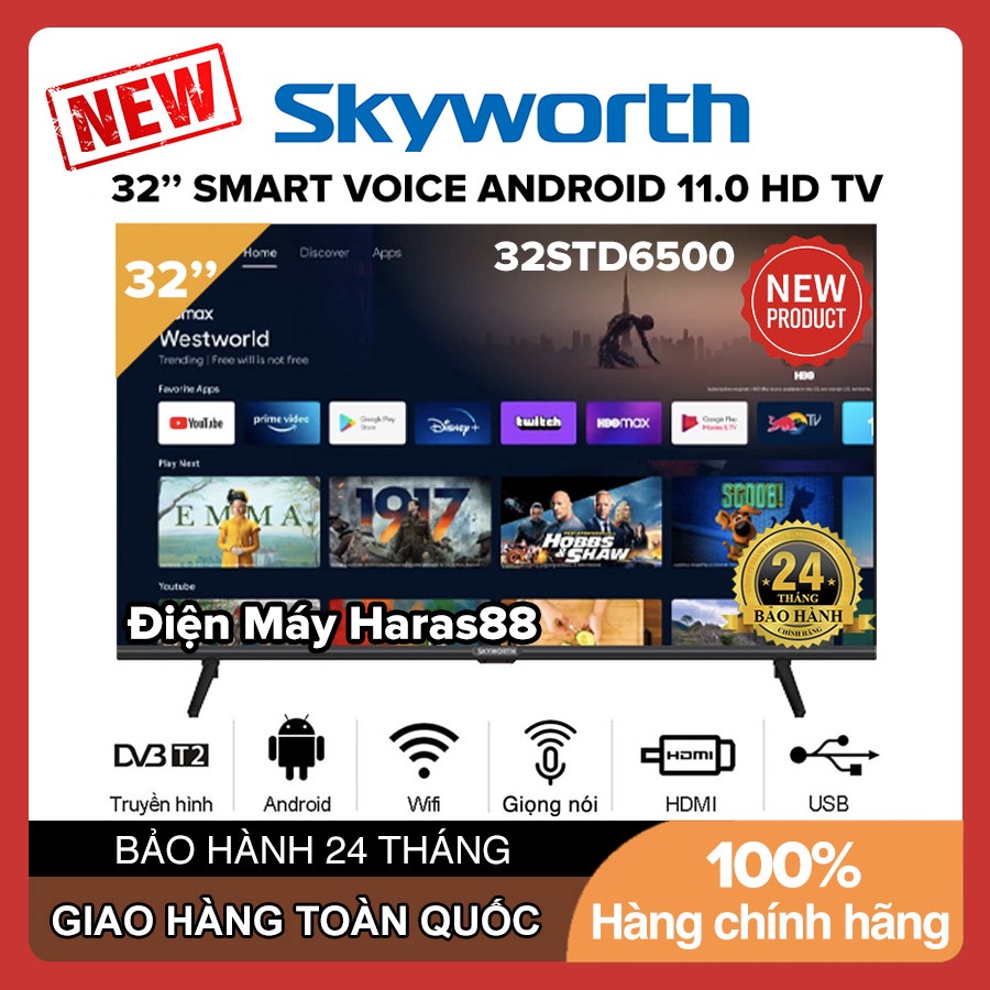 Smart Voice Tivi Skyworth 32 inch HD 32STD6500 Android 11, Điều khiển giọng nói, DVB-T2, Bluetooth - Hàng Chính Hãng