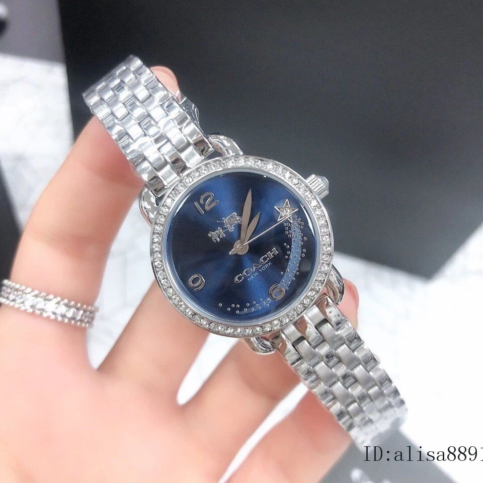 Đồng hồ nữ coach glitz 14502693 dây da / dây thép , mặt xanh viền đính đá , size 28mm