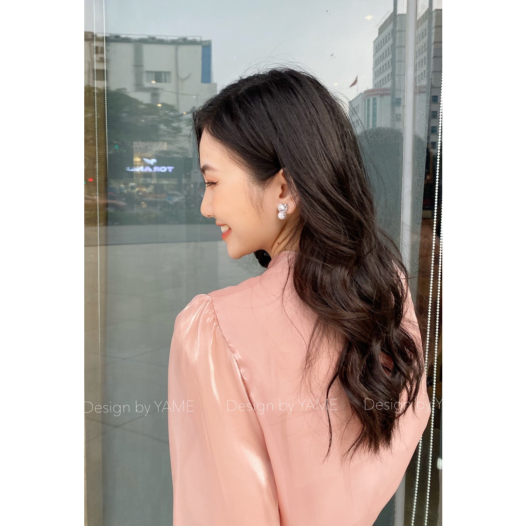 Áo sơ mi công sở, sơ mi cách điệu nữ chất tơ oganza mềm min tay bồng cổ thắt nơ màu hồng hai lớp A03 YAME