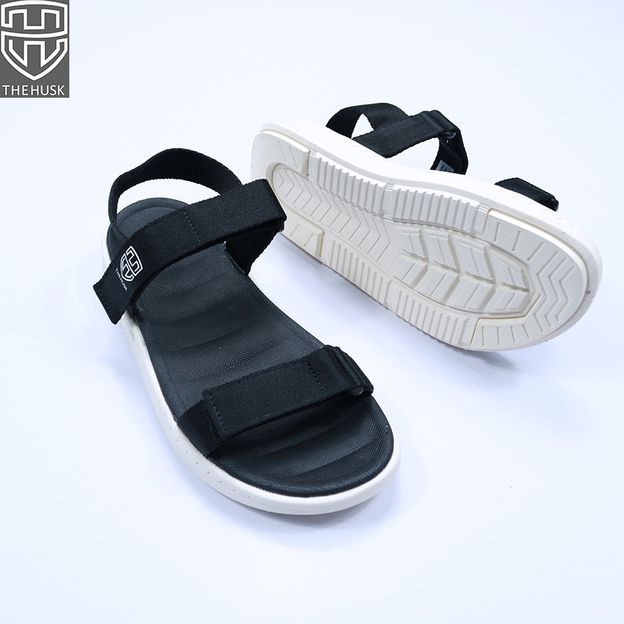 Giày Sandals Unisex HuuCuong &amp; TheHusk 2 Quai Ngang Màu Đen Đế Trắng - TH12