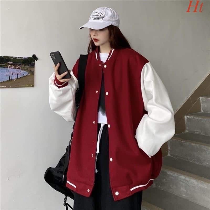 Áo khoác bomber nỉ phối form rộng nam nữ đều auto. 6 màu đỏ, xanh rêu, xanh dương, nâu, đen, trắng