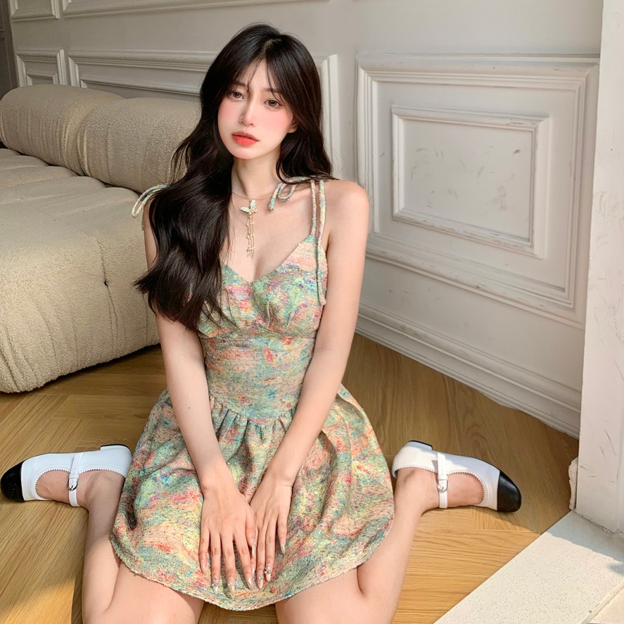 Đầm Hai Dây In Họa Tiết Tranh Sơn Dầu Phong Cách Hàn Quốc Cổ Điển | BigBuy360 - bigbuy360.vn