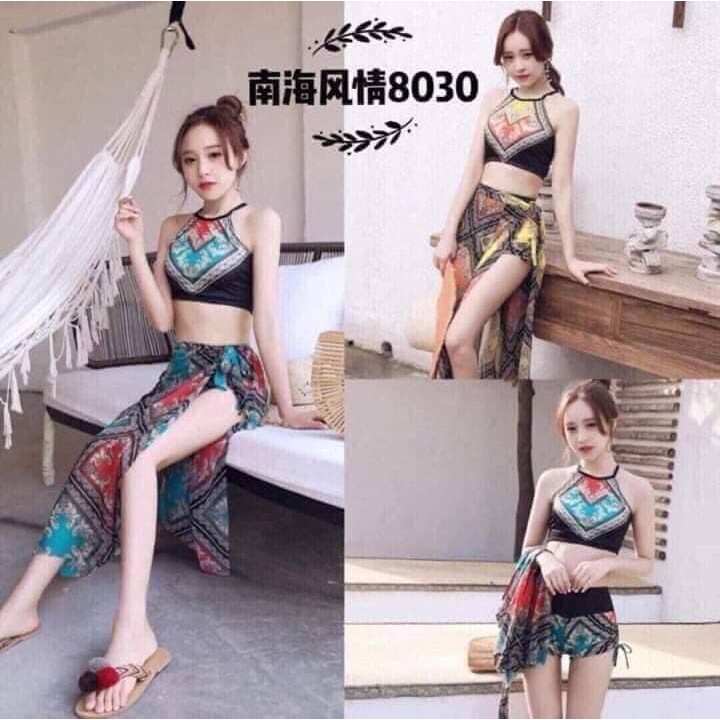 Set bikini 3 chi tiết hoa văn thổ cẩm sang chảnh 8030