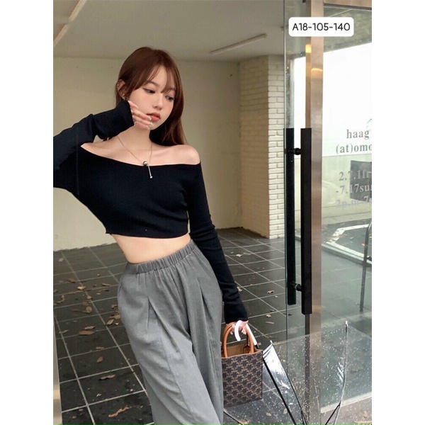 Áo croptop bẹt vai thun gân tay dài - A18 đa năng, cá tính, năng động, sexy