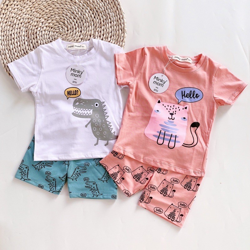 BỘ COTTON IN LỤA MINKYMOM TAY NGẮN QUẦN ĐÙI CHO BÉ HÌNH THÚ SIÊU CƯNG