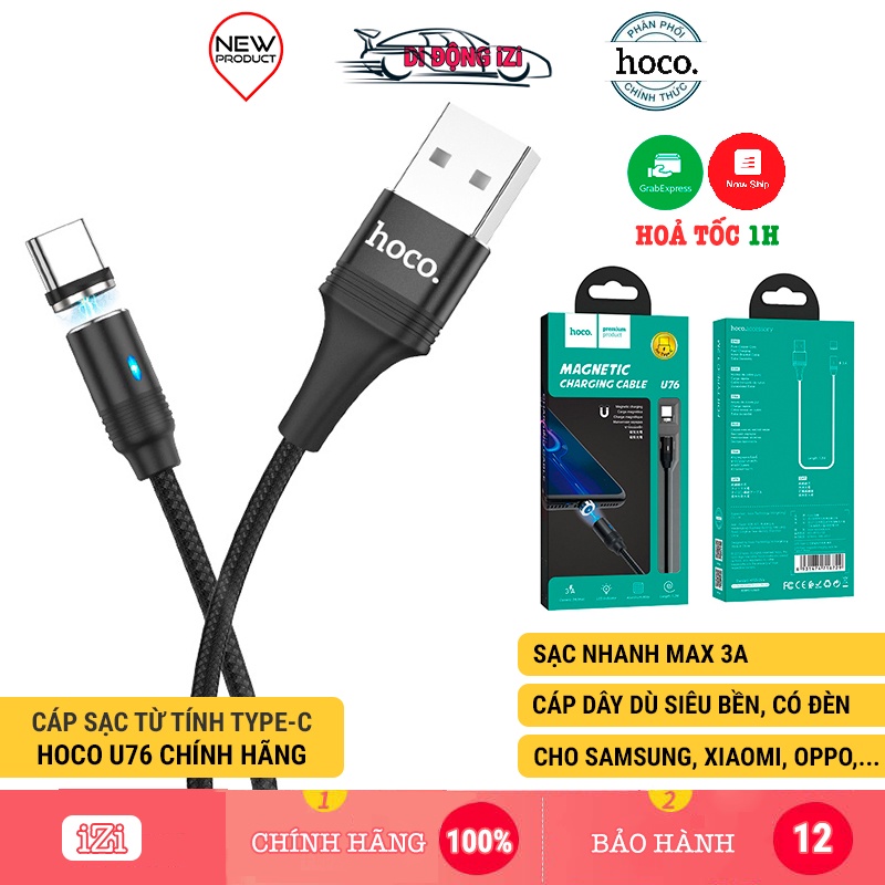 Cáp Sạc Nam Châm Cho Samsung, Xiaomi, Oppo... Hoco U76 - Dây Sạc Type-C Từ Tính Báo Đèn, Cáp Dù Siêu Bền [CHÍNH HÃNG]