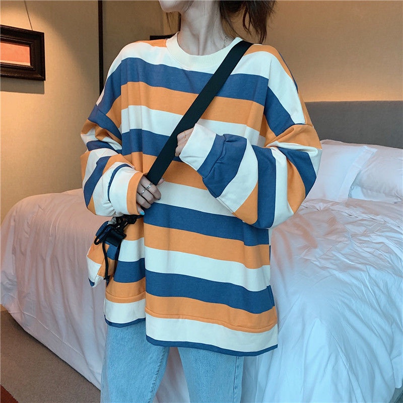Áo Sweater Tay Dài Đệm Nhung Dày Dáng Rộng Họa Tiết Kẻ Sọc Phong Cách Hàn Quốc Thời Trang Mùa Đông Cho Nữ