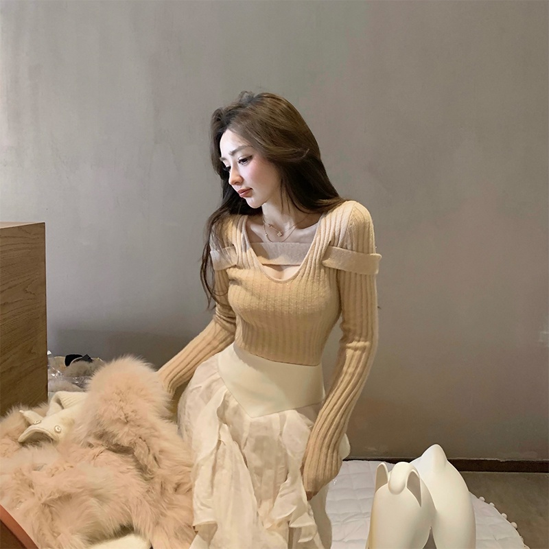 Áo dệt kim ZHELIHANGFEI tay dài cổ chữ V thiết kế dây vai thời trang quyến rũ