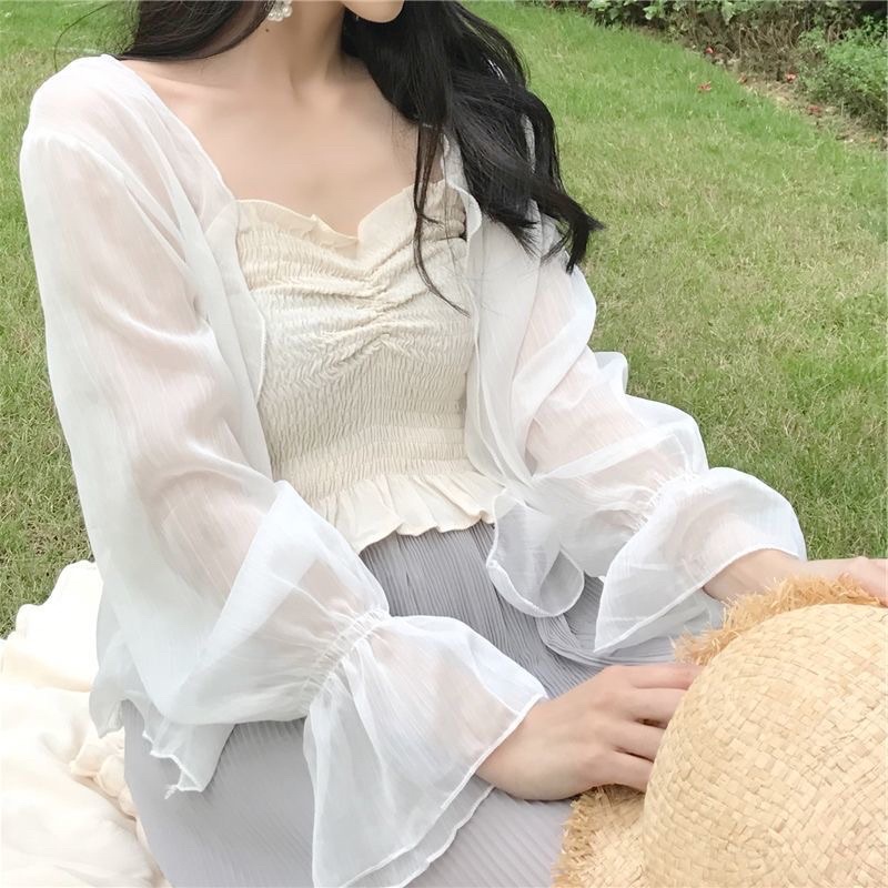 Áo Đi Biển Voan Mỏng/ Áo Cardigan Khoác Ngoài Tay phồng loe che bắp tay khuyết điểm cho nữ mặc ngoài áo váy hai dây