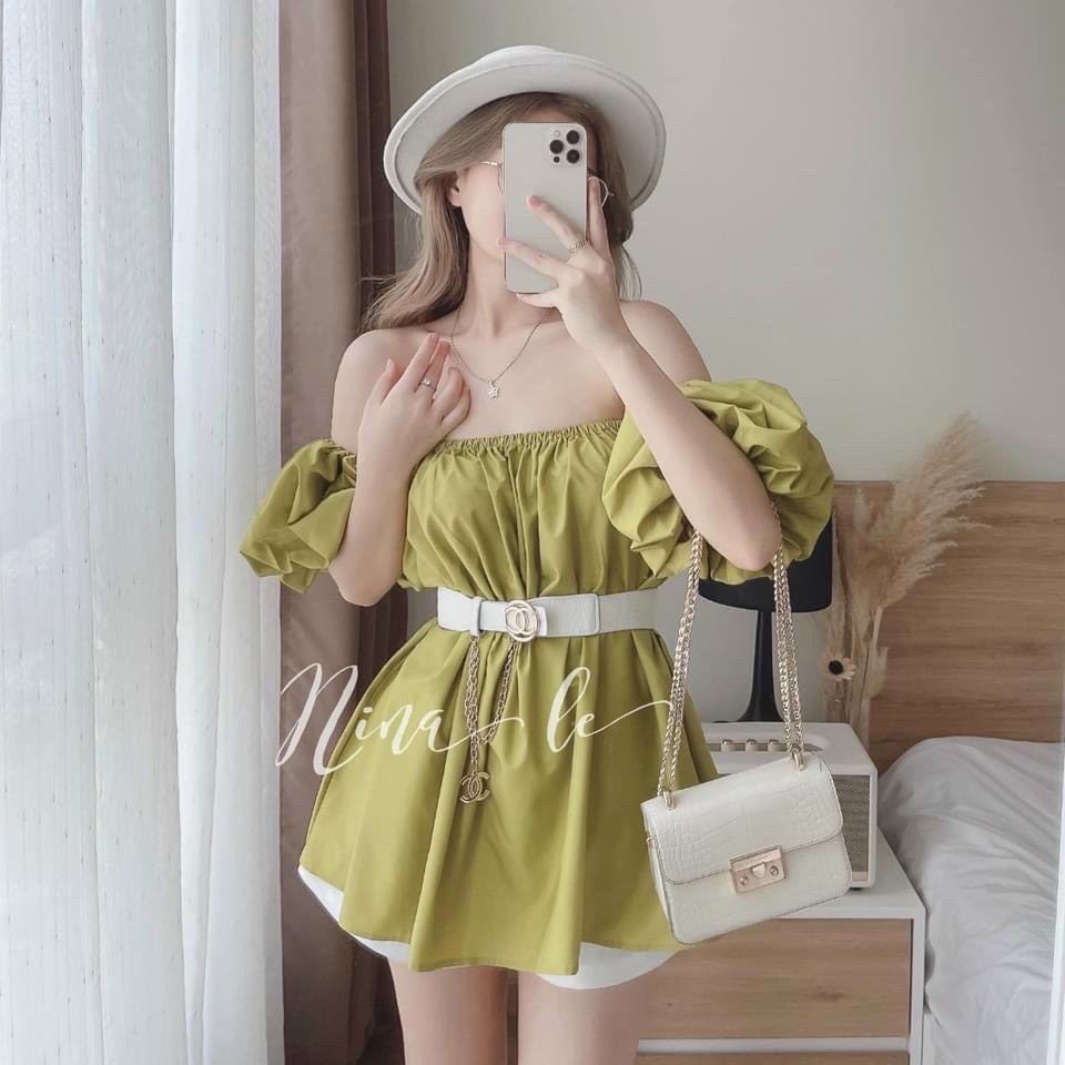 Set Bộ Áo Trễ Vai Quần Đùi Nữ Set Áo Chun Vai Chất Lụa 3 Màu Thích Hợp Dạo Phố