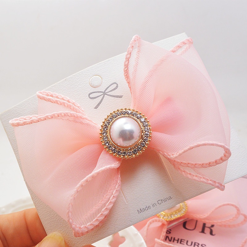 Kẹp Tóc Hình Vương Miện Đính Hạt Ngọc Trai Phối Ren Lưới Màu Hồng Xinh Xắn Cho Bé Gái