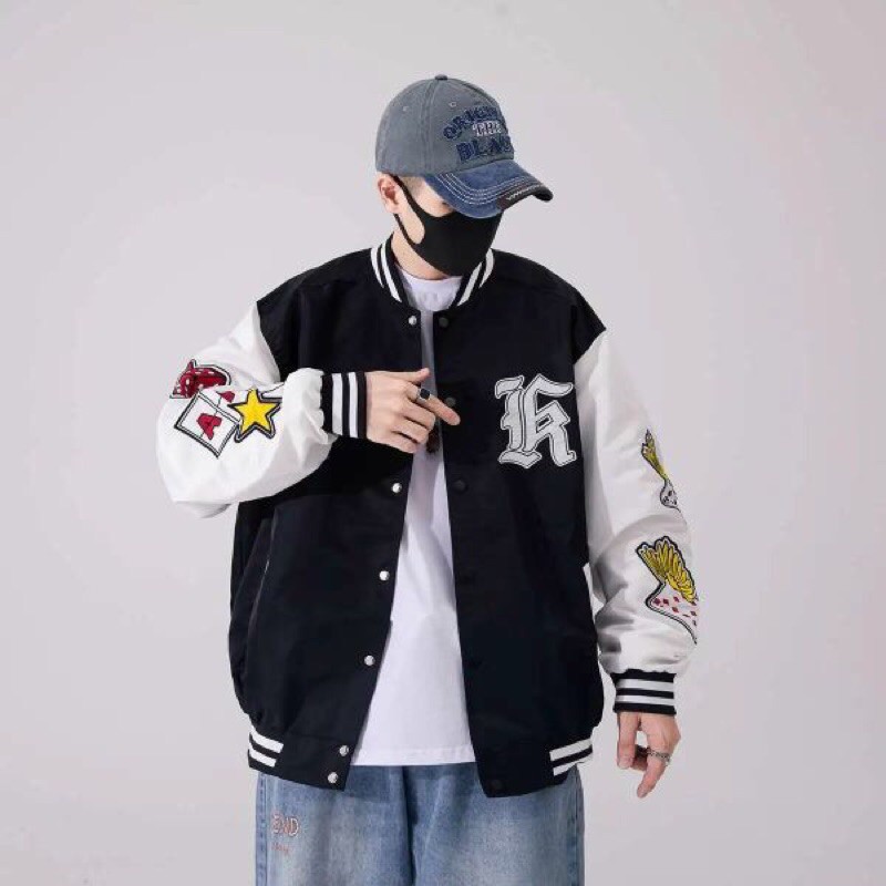 Áo Khoác Dù Bomber Jacket Trắng Đen In Hình Lá Bài Hot Trend