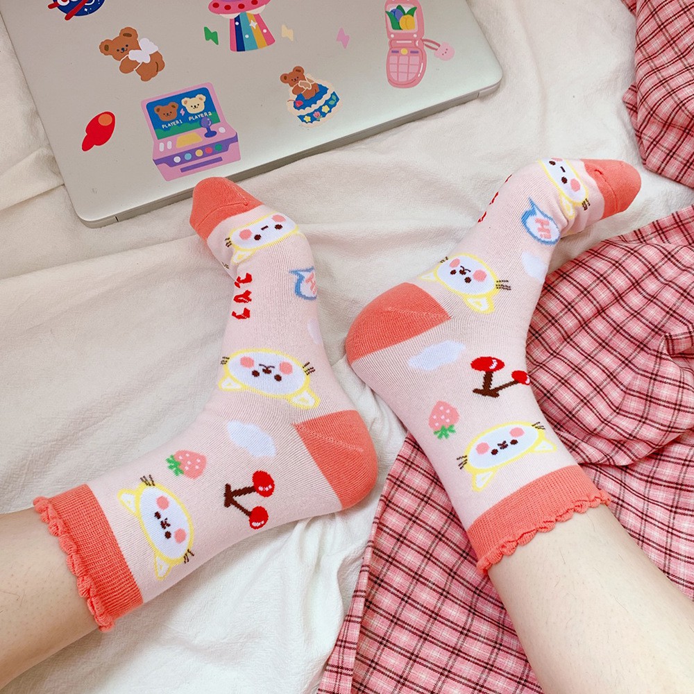 Tất Vớ Nữ Cao Cổ Cotton Viền Nhún Màu Họa Tiết Cute